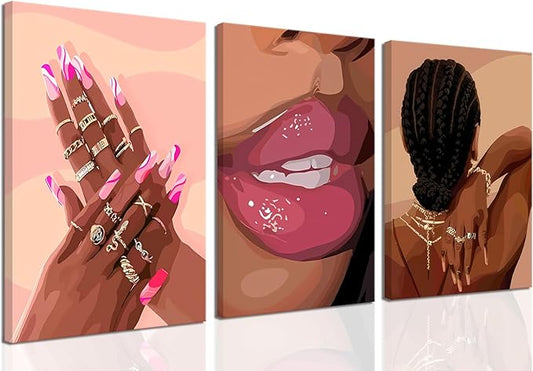 Black Girl Pink Wall Art Set of 3 African American Black Women Canvas Posters Fashion Black Girl Wall Decor Pictures Prints for Home Living Room Bedroom Bathroom Decoration 16x24 Inch Framed