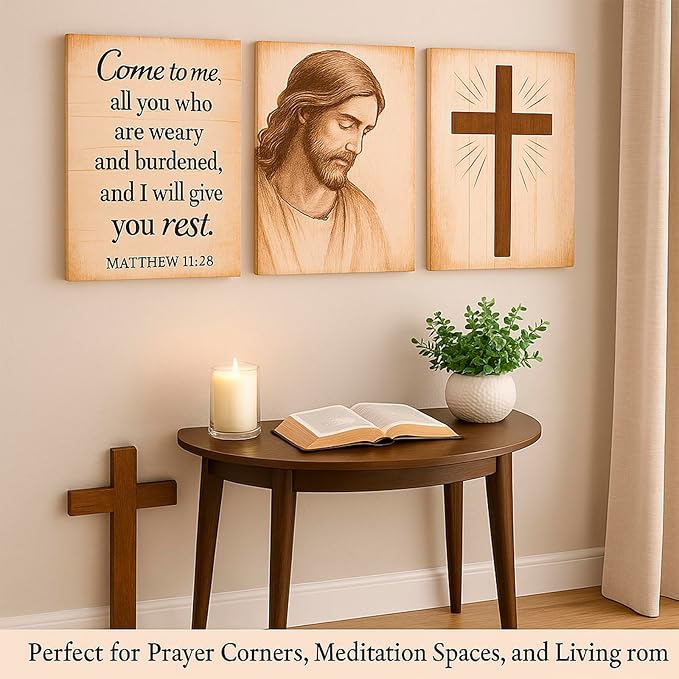 DoawBang Rustic Farmhouse Wall Art Set of 3– Jesus Portrait, Cross, and Scripture – Wooden Frame Canvas Prints, “Come to Me” Matthew 11:28, Christian Home Decor for Living Room, Prayer Room, 12"x16"