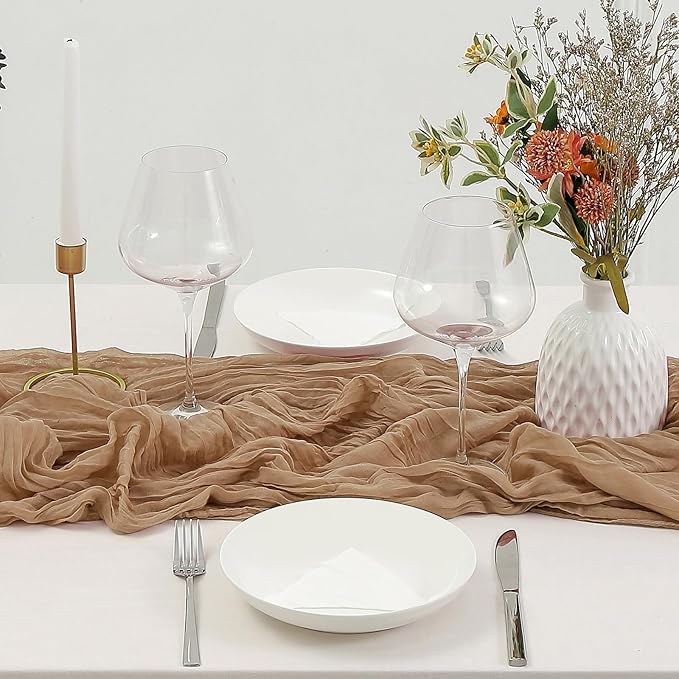 DOLOPL Brown Table Runner 10ft Boho Cheese Cloth Table Runner for Baby Shower Decorations 120inch Long for Winter Wedding Shower Wedding Bridal Birthday Party Table Decorations