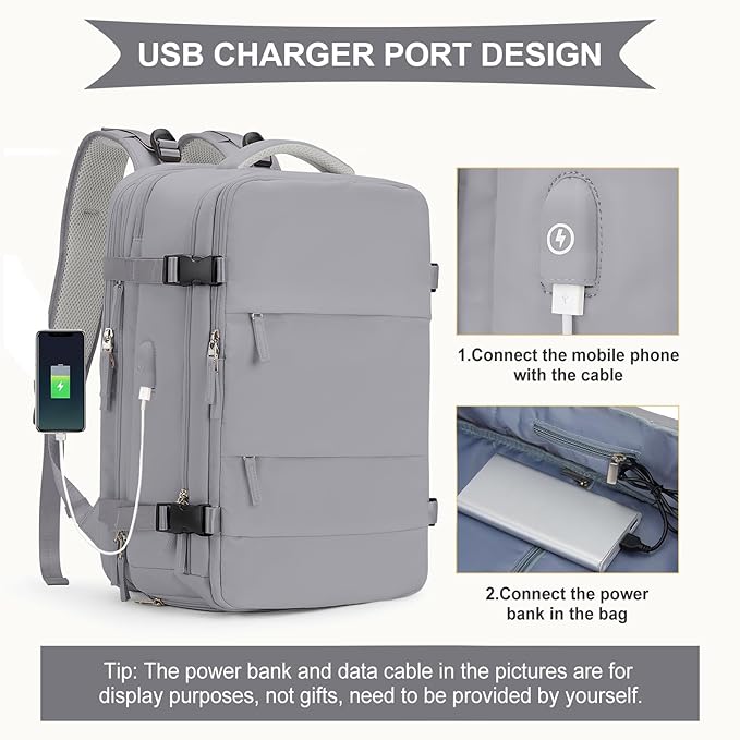 coowoz Large Travel Backpack For Women Men, Carry On Backpack,Hiking Backpack Waterproof Outdoor Sports Rucksack Casual Daypack Expandable Heavy Duty Extra large Backpack Grey Expansion