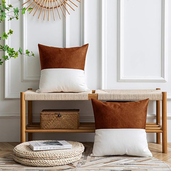 DEZENE Leather Throw Pillow Covers, Set of 2 Modern Leather/Cotton Decorative Pillowcases for Home Decor Bedroom Living Room Couch Bed Sofa, 18x18 Inch, Cognac-Brown and White