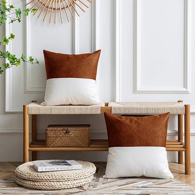 DEZENE Leather Throw Pillow Covers, Set of 2 Modern Leather/Cotton Decorative Pillowcases for Home Decor Bedroom Living Room Couch Bed Sofa, 20x20 Inch, Cognac-Brown and White