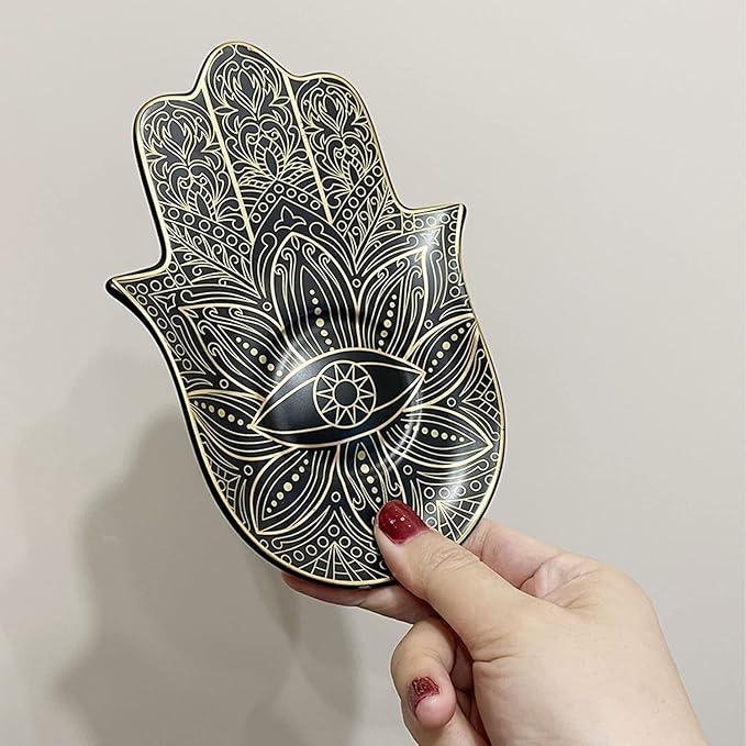 Ceramic Hamsa Hand Incense Holder - 2 in 1 Brass Incense Holder for Sticks and Coil Incense- Zen Decor with Hand of Fatima Design Protection from Evil - 6.2" L X 4.5" W (Black)