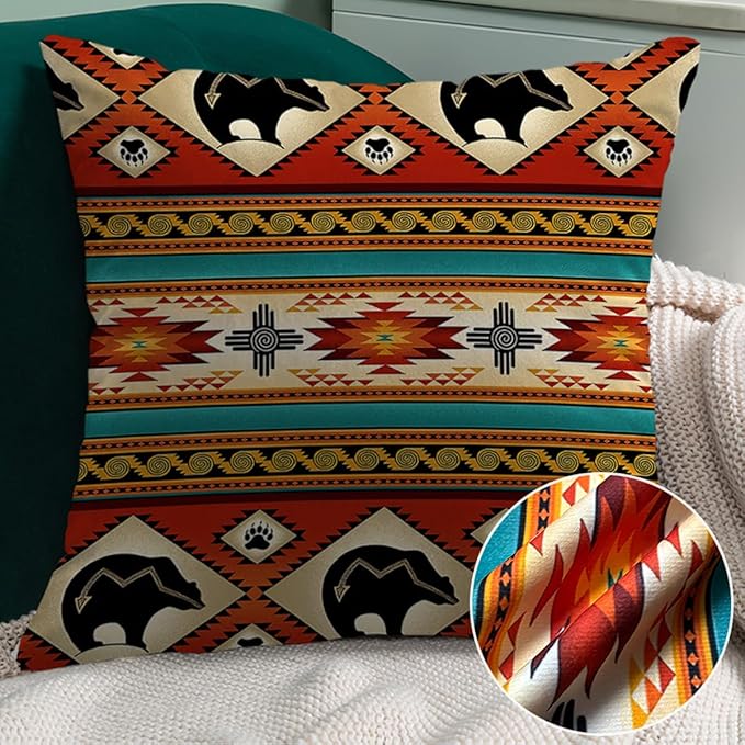 Native American Throw Pillow Covers Set of 6, Western Rustic Burnt Orange Home Decor Outdoor Tribal Ethnic Farmhouse Navajo Decorative Cushion Case 18"X18"