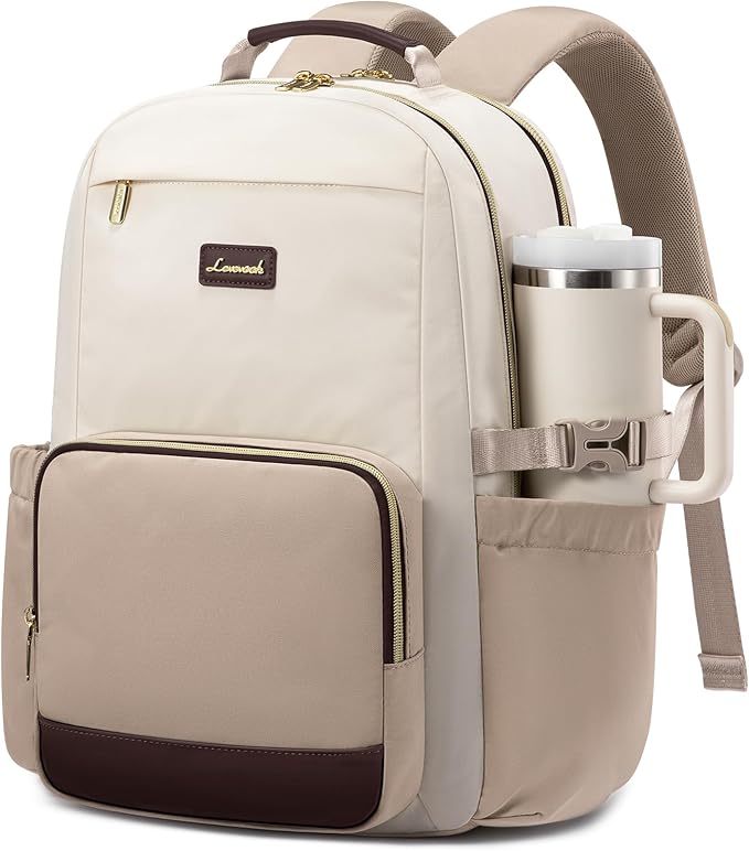 LOVEVOOK Laptop Backpack for Women with Pouch Pocket for Large Capacity Cup,17 Inch Laptop Computer Bag Travel Backpack Purse,Waterproof Work Business College Teacher Backpack,Beige-Nude-Logam Plum