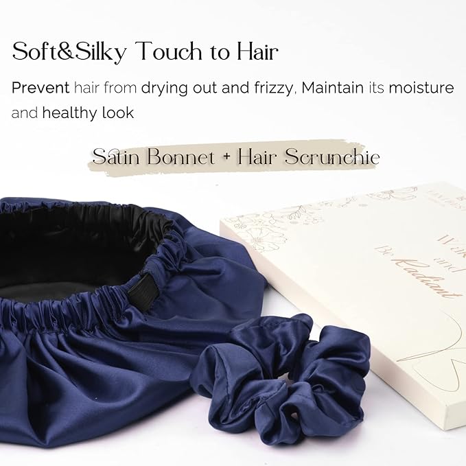 YANIBEST Adjustable Silk Bonnet Double Layer Satin Bonnet Hair Bonnet for Sleeping Bonnets for Women Hats Curly Natural Hair, Navy Blue