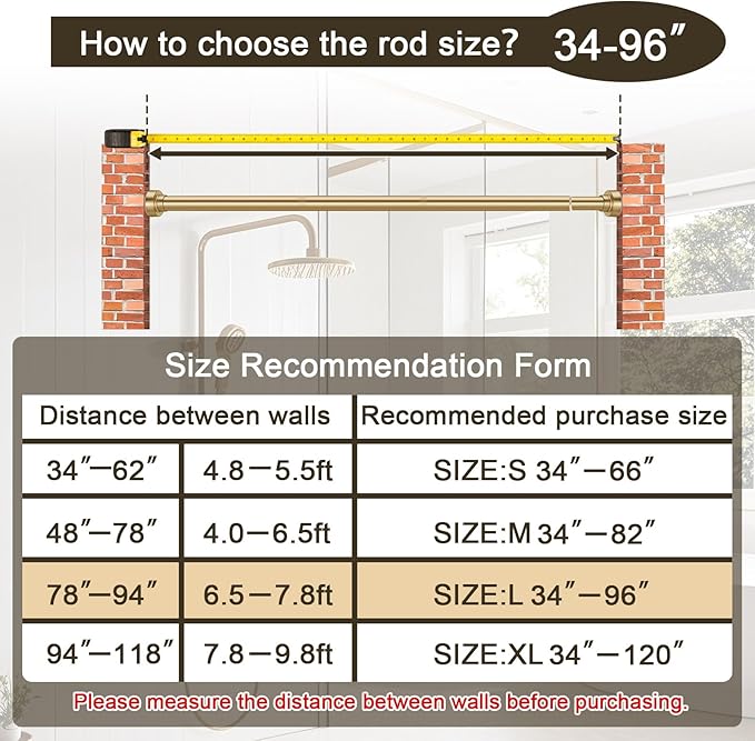 YNL Tension Shower Curtain Rod 34-96 Inches（2.8-8ft) Adjustable Spring Shower Rod No Drilling, Non-Slip, Never Rust, Stainless Steel, Suitable for Bathroom Window Kitchen, Gold