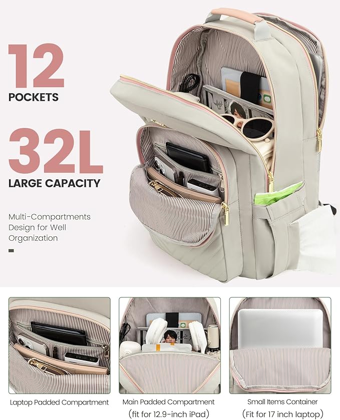 LOVEVOOK Laptop Backpack for Women, Travel Computer Work Bags with 17-inch Laptop Compartment, College School Student Bag Teen Backpacks For Girls, Outdoor Carry On Backpack Purse, Grey Pink