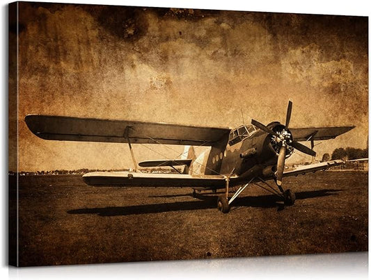 Vintage Fighter Plane Canvas Art - Elderly Propeller Airplane Decor for Home Office - Ready to Hang (28''Hx40''W)