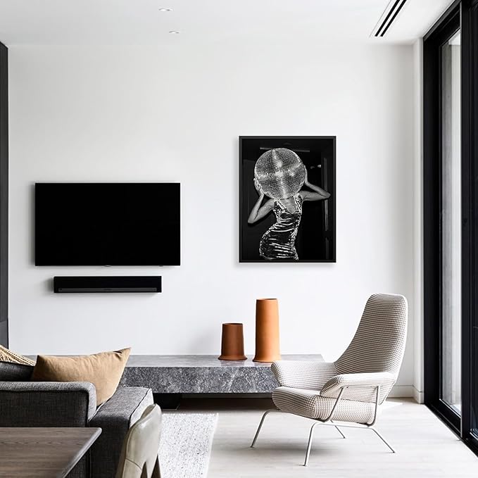 Vintage Funky Y2k Hot Girl Poster Black and White Disco Ball Canvas Wall Art 08x10 inch Black Framed Trendy Preppy Bar Cart Decor for Living Room Dorm