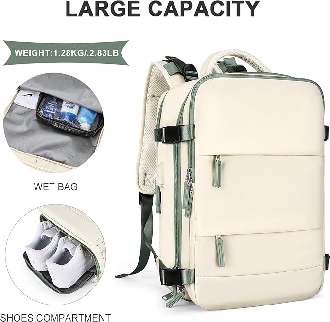 coowoz Large Travel Backpack for Women Men,Carry On Backpack Flight Approved,Hiking Backpack Outdoor Rucksack Casual Daypack Fit 15.6 Inch Laptop Shoes Compartment White Green L