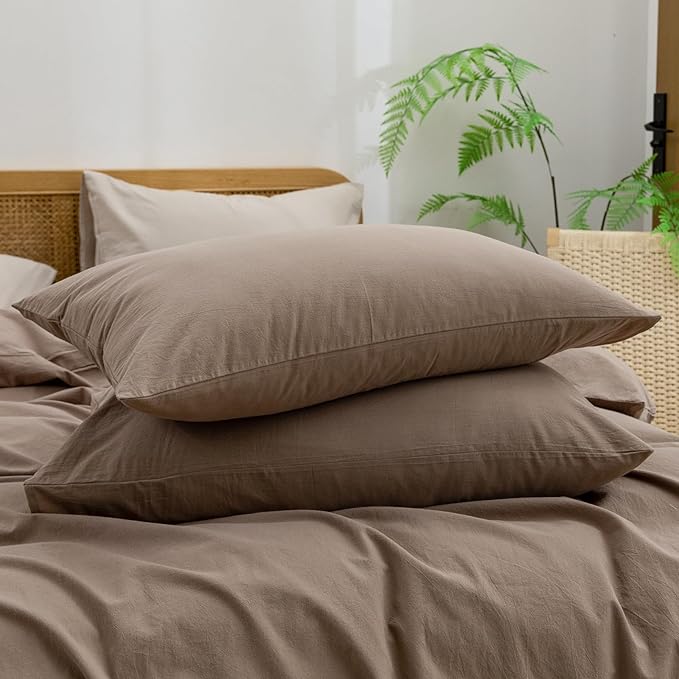 BESTOUCH Duvet Cover Set 100% Washed Cotton Linen Feel Super Soft Comfortable Chic Lightweight 3 PCs Home Bedding Set Solid Pine Bark Brown Full/Double