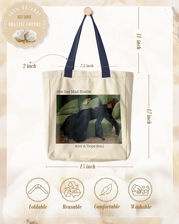 Aesthetic Heavy Canvas Tote Bag with Pocket for Women, Cloth Gusseted Totes Bag with Pattern for Shopping