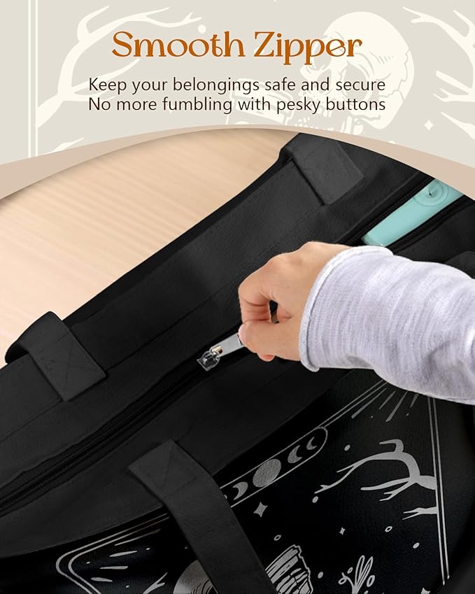 Canvas Tote Bag for Women – Aesthetic Canvas Bag with Zipper Cute Stylish Reusable Shoulder Totes for Shopping Work Daily Vacation, Coffee Skull