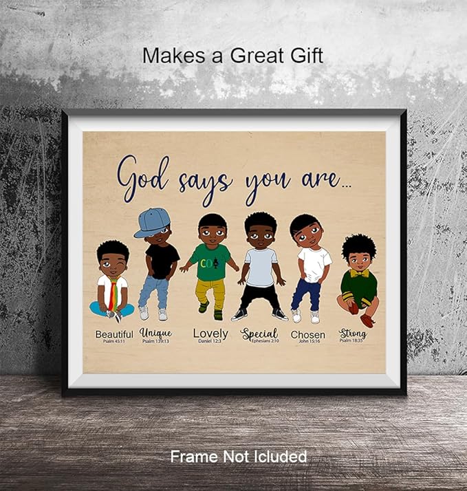 African American Boys Wall Art LARGE 11x14 - Christian Gifts - Bible Verse - Religious Wall Decor for Boys Room - Scripture Wall Art - Black Art - Inspirational Quotes - Bedroom Decor - God Wall Decor