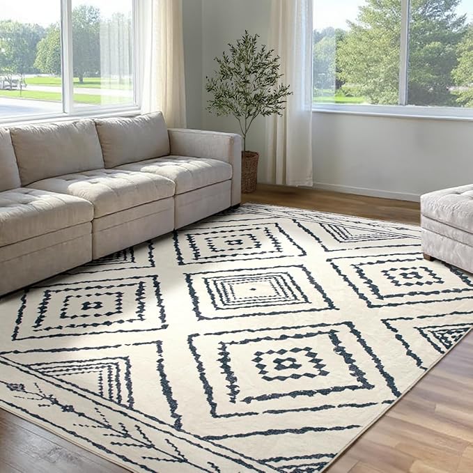 Area Rug 3x5 Rug Machine Washable Non-Slip Low Pile Print Pattern Western Rug for Living Room Bedroom Entryway Tribal Series -Navywhite/Black