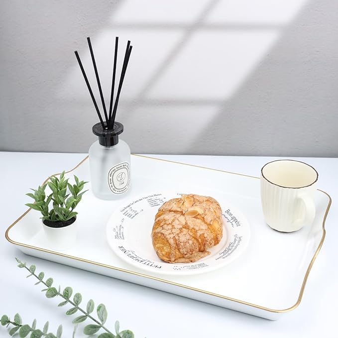 Spsyrine White Decorative Serving Tray with Handles, Elegant Plastic Coffee Table Tray for Ottoman, Living Room, Home Decor