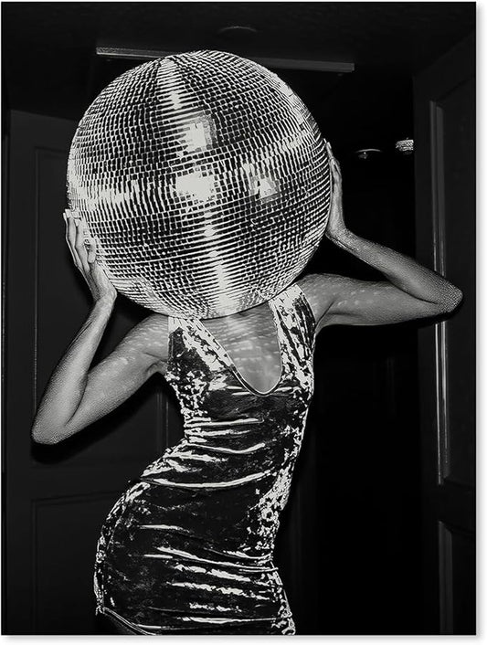 Sufeasdf Vintage Funky Y2k Hot Girl Poster Black and White Disco Ball Canvas Wall Art Trendy Preppy Bar Cart Decor for Living Room Dorm 08x10 inch Unframed