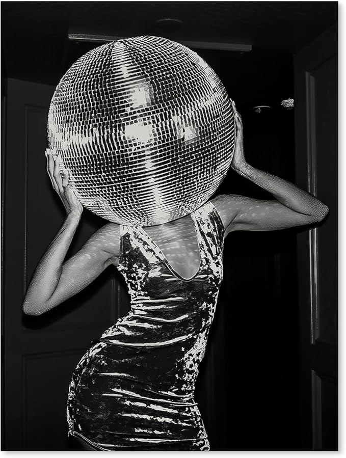 Sufeasdf Vintage Funky Y2k Hot Girl Poster Black and White Disco Ball Canvas Wall Art Trendy Preppy Bar Cart Decor for Living Room Dorm 12x16 inch Unframed