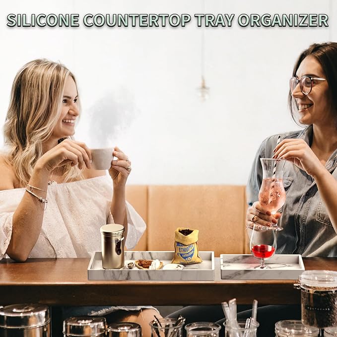 BBK Bathroom Vanity Tray - 2 Pack (7.8" and 11.8") Silicone Bathroom Trays for Counter, Perfume Key Trinket Ring Tray, Decor Soap Dispenser Countertop Tray for Kitchen Sink Organization (Marble Gray)