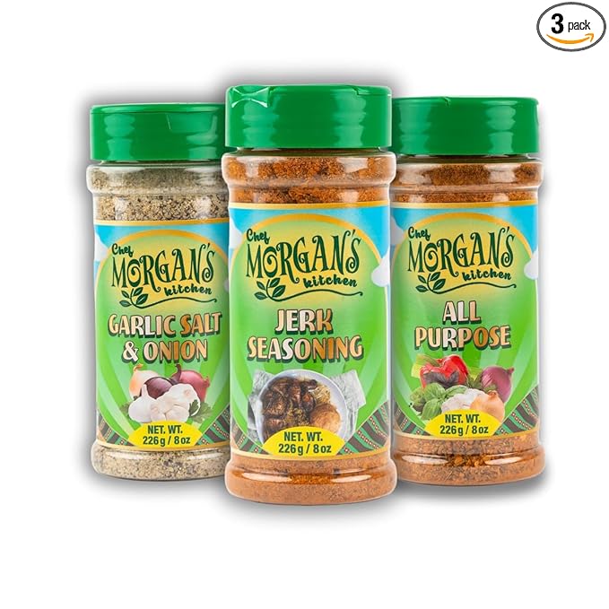 Chef Morgan’s Kitchen Bundle – Jerk Seasoning, All-Purpose Spice & Garlic Onion Salt – Ideal for Grilling, BBQ, Roasting & Everyday Cooking – 3 Pack, 8oz Each
