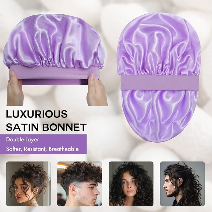Satin Silk Bonnet for Sleeping, Double Layer Silk Sleep Cap for Men & Women, Soft Satin Lined Bonnet for Natural & Curly Hair(Purple)