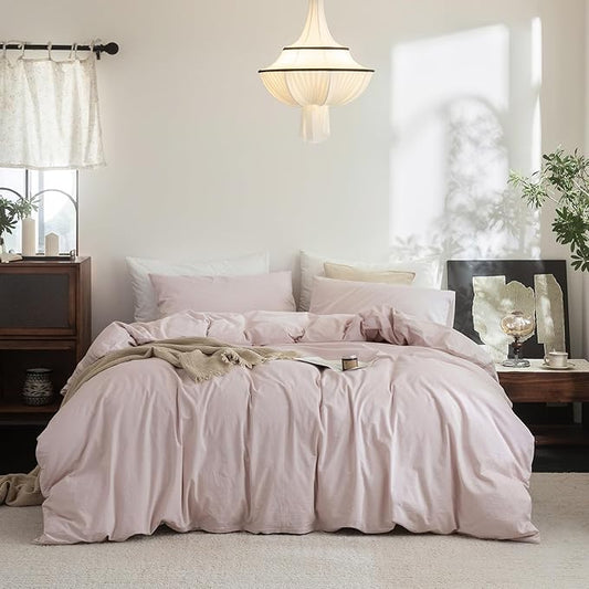 FOSSA Duvet Cover Set 100% Washed Cotton Linen Feel Super Soft Breathable Cozy 3 Pieces Bedding Sets Solid Greyish Pink Super King