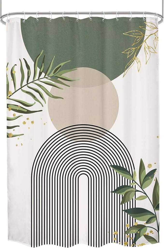 Small Stall Green Boho Shower Curtain 54Wx78H Rv Modern Bohemian Abstract Sage Green Gold Leaves Plant Minimalist Narrow Half Bathroom Decor Geometric Bath Curtain Fabric Polyester 12 Pack Hook