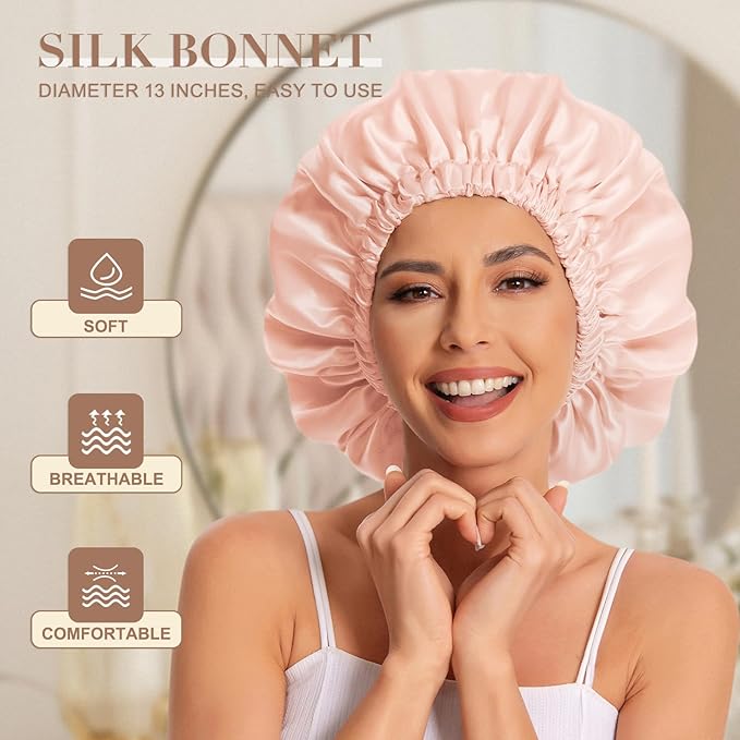 Satin Bonnet Silk Bonnet Hair Bonnet for Sleeping-Slouchy Beanie Hat Satin Sleep Cap for Women's Natural & Curly Hair(Peach Beige)