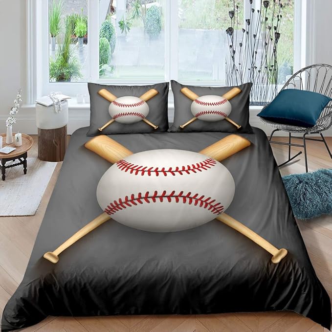 Feelyou Sports Baseball Bedding Set 3D Baseball Bat Printed Duvet Cover Comforter Lightweight Sports Bedspread 3Pcs Full Gray
