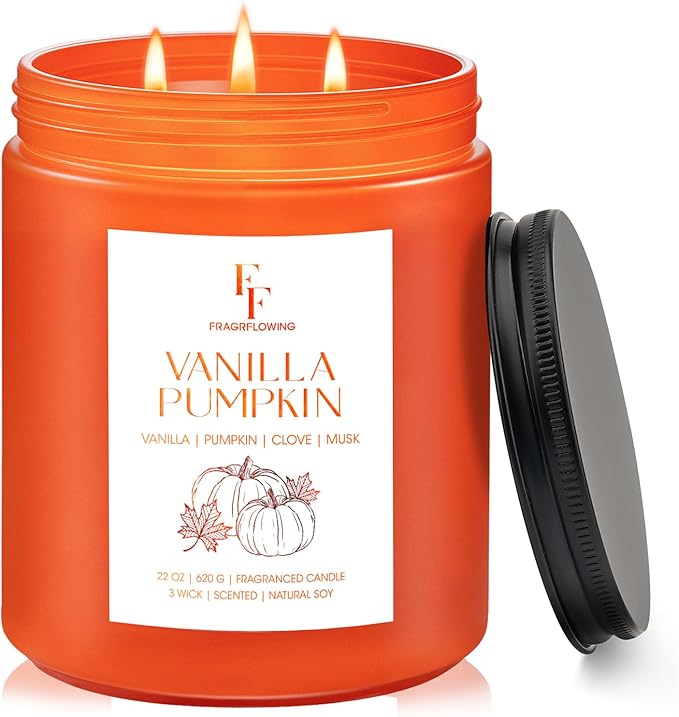 Large Fall Candle Vanilla Pumpkin Scented, 3-Wick 22oz Long Lasting Scented Candle, Natural Soy Wax Aromatherapy Candle for Home, Autumn Candle Gifts for Women Men