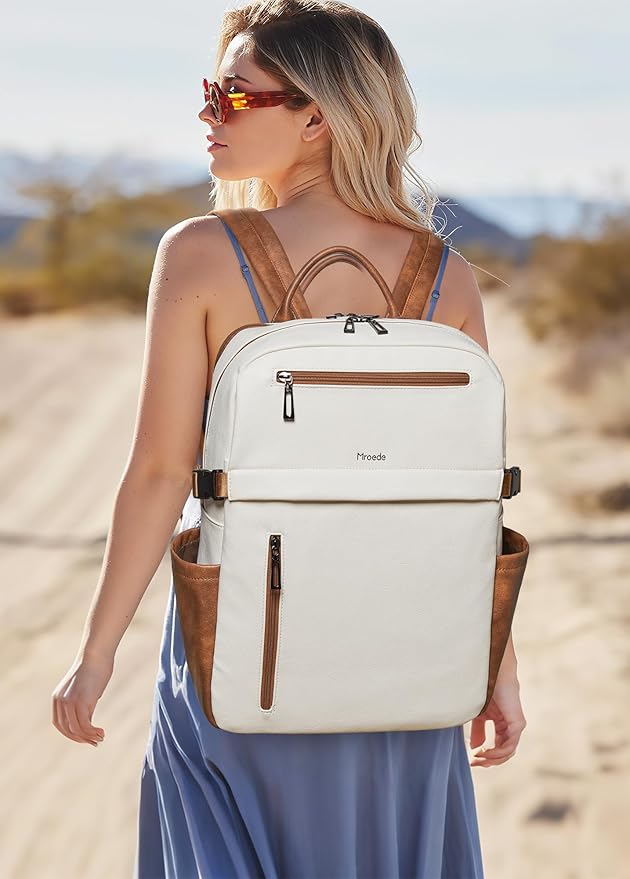 Leather Laptop Backpack for Women, 15.6 Inch Laptop Travel Backpack Purse Large Capacity Computer Bag, Casual Daypack Nurse Bag College Bookbag for School, Beige