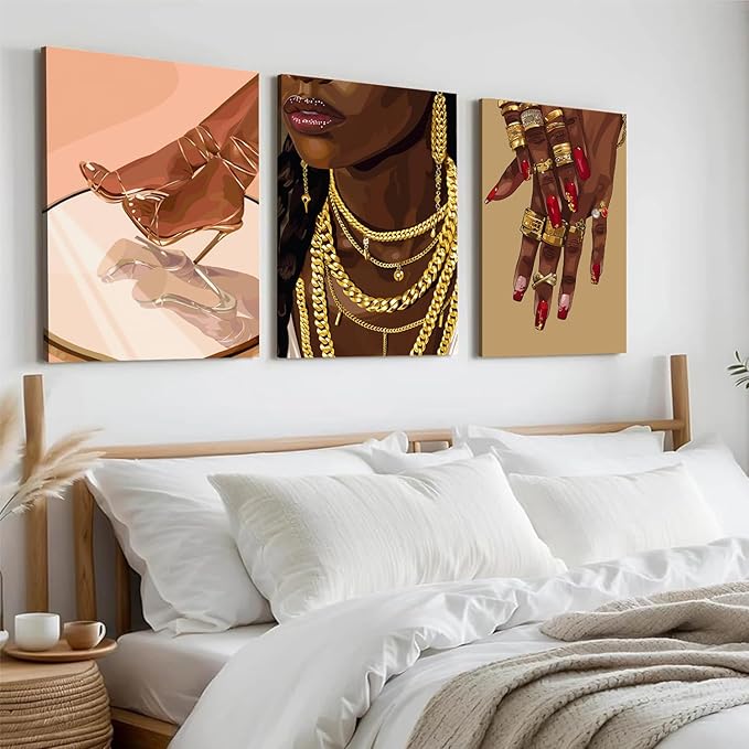 YFvrPt Black Woman Wall Art African American Women Wall Decor Set of 3 Trendy Abstract Black Girl Canvas Poster Prints Aesthetic Pictures for Bedroom Living Room Framed 16x24 inch