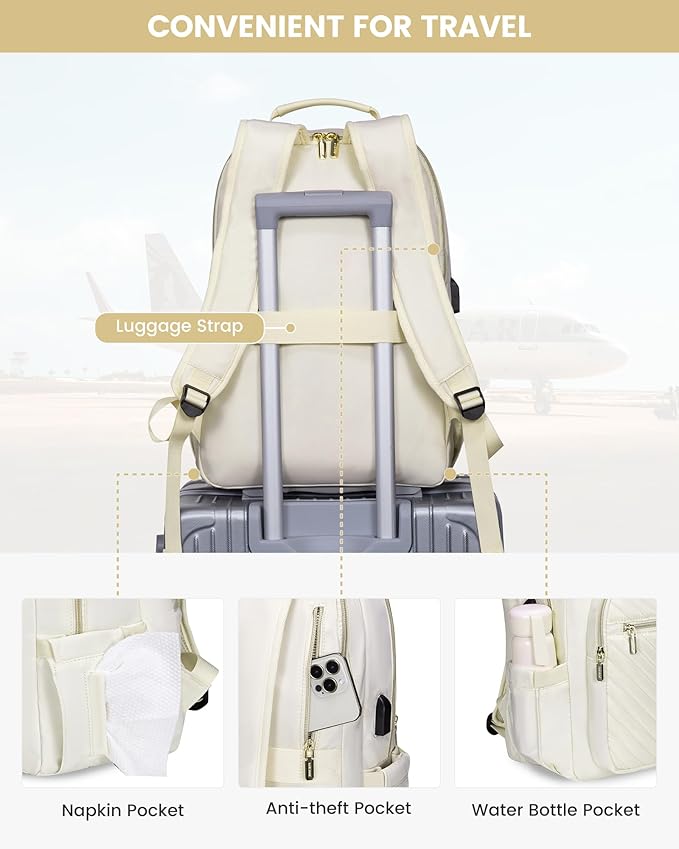 LOVEVOOK Laptop Backpack Purse for Women, Work Travel Computer Bags, College School Backpack for Student Girl, Quilted Casual Daypack with USB Port, Fit 15.6 Inch Laptop, Beige White