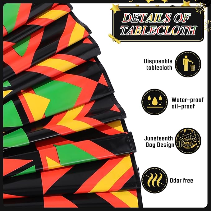 Kinlop 3 Pcs Black History Tablecloth 108 x 51 Inch Juneteenth Kwanzaa Table Covers Plastic Waterproof Disposable Table Clothes for Africa American Independence Freedom Party Supplies(Kente)
