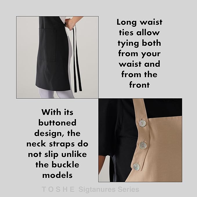 TOSHE Kitchen Apron Waterdrop Resistant Cotton Apron with adjustable Aprons for Women with Pockets 10 Color option Cooking Beige Apron(Beige)