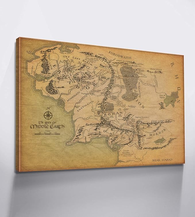 Middle Earth Map Wall Art Canvas Print - Fantasy Map of Middle Earth - 16''H x 24''W with Inner Wooden Frame - Lightweight & Easy to Hang - Perfect for Bedroom, Game Room Decor