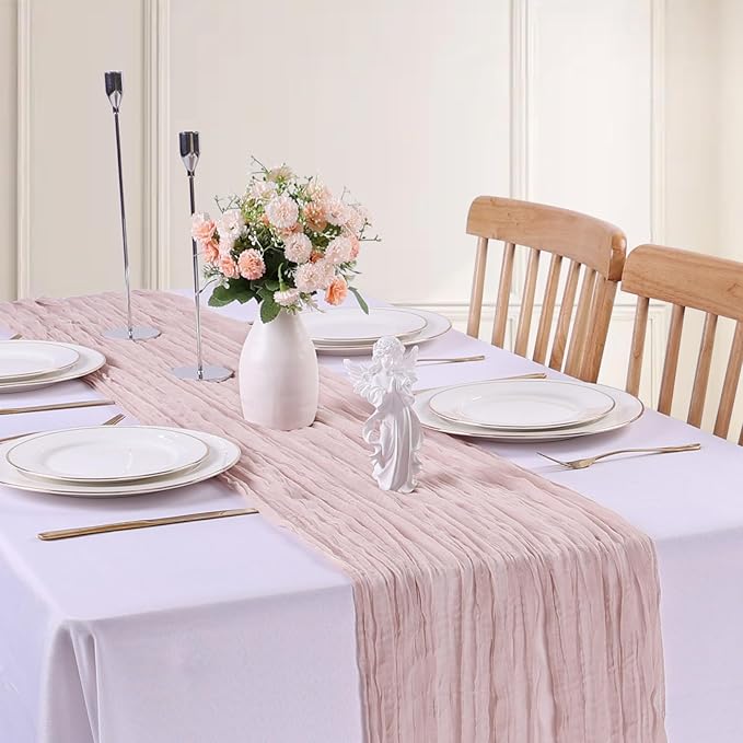 Crinkle Cheesecloth Table Runner 35x160 Inch Long Dusty Pink Boho Table Runner Rustic Gauze Wedding Dining Table Decorations for Holiday Birthday Party Baby Shower Event Decorations