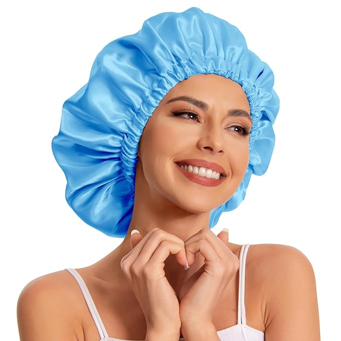 Satin Bonnet Silk Bonnet Hair Bonnet for Sleeping-Slouchy Beanie Hat Satin Sleep Cap for Women's Natural & Curly Hair(Lake Blue)