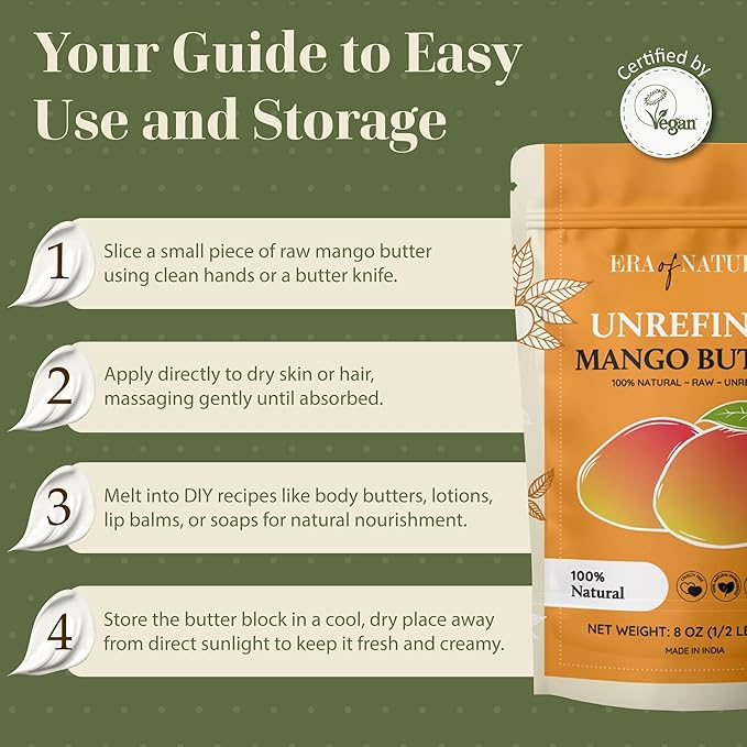 era of nature Organic Unrefined Raw Mango Body Butter Block 8oz - Moisturizing Mango Seed Raw Butter Bar for Skin & Hair, DIY Lip Balm Base, Cream, Soap & Lotion Making Supplies Kit, Personal Skincare