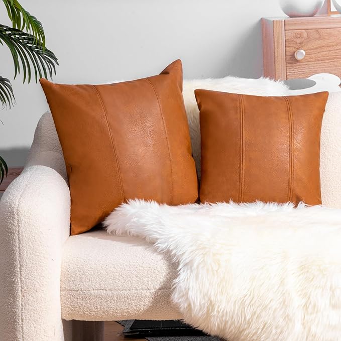Faux Leather Throw Pillow Cover 16X16 Inch Set of 2 Brown Outdoor Modern Farmhouse Solid Decorative Pillow Covers for Room Couch Living Bedroom Bed Sofa