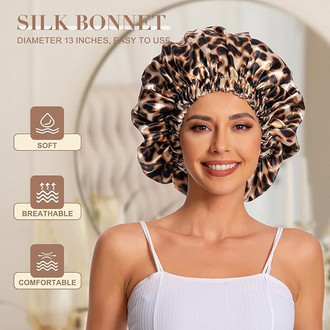 Satin Bonnet Silk Bonnet Hair Bonnet for Sleeping-Slouchy Beanie Hat Satin Sleep Cap for Women's Natural & Curly Hair(Leopard)