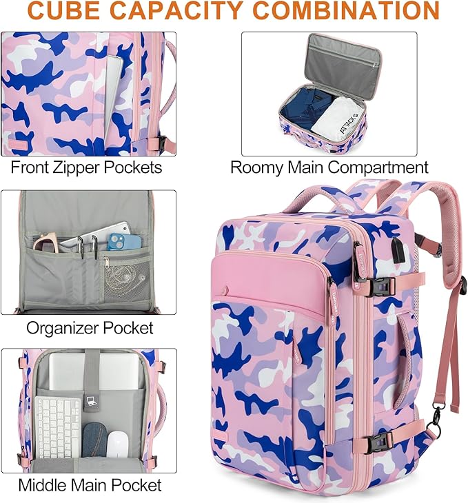 Carry on Travel Backpacks, Extra Large 40L Flight Approved Bag for Men & Women,Expandable Suitcase Backpack With 4 Packing Cubes,Water Resistant Luggage Daypack Business Weekender Bag,Camouflage Pink