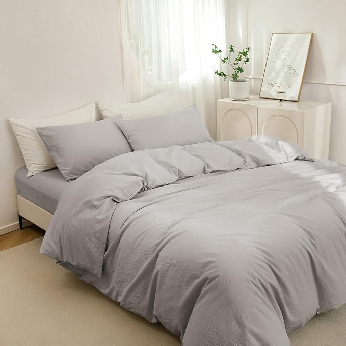 JIYUAN 100% Washed Cotton Duvet Cover Set 3 Pieces Full, 1 Duvet Cover 80x90 Inches(Comforter Not Included) and 2 Pillowcases,Linen Feel Bedding Set Comfy and Breathable, Heathered Pastel Grey