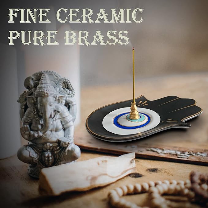 Ceramic Hamsa Hand Incense Holder - 2 in 1 Brass Incense Holder for Sticks and Coil Incense- Zen Decor with Hand of Fatima Design Protection from Evil - 6.2" L X 4.5" W (Blackeye)