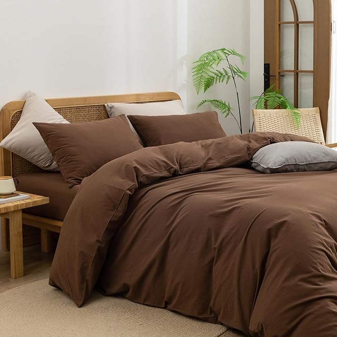 BESTOUCH Duvet Cover Set 100% Washed Cotton Linen Feel Super Soft Comfortable Chic Lightweight 2 PCs Home Bedding Set Solid Cocoa Brown Twin/Twin XL
