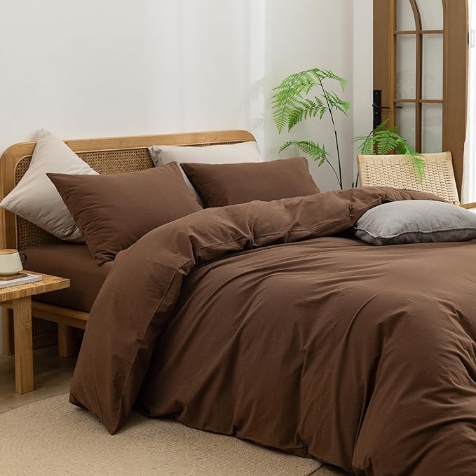 BESTOUCH Duvet Cover Set 100% Washed Cotton Linen Feel Super Soft Comfortable Chic Lightweight 3 PCs Home Bedding Set Solid Cocoa Brown King