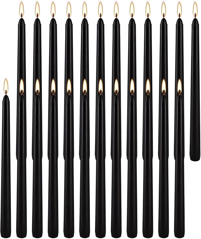 24 Pack Black Taper Candles, 7-8 Hours Burn Time, Unscented, Smokeless and Dripless, 0.75 x 10 Inch Dinner Candle Set for Household, Wedding, Party and Home Décor Candlesticks
