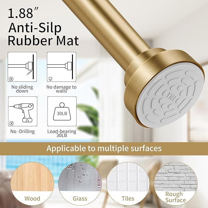 YNL Shower Curtain Rod 34-120 Inches, Adjustable Gold Shower Rod No Drilling, Non-Slip, Never Rust, Stainless Steel, Suitable for Bathroom Living Room, Gold