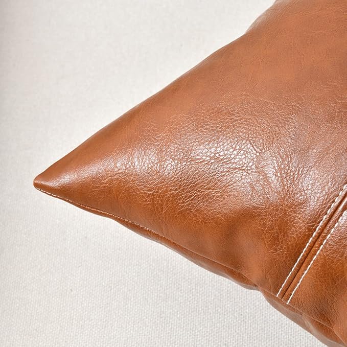 Fancy Homi 24x24 Pillow Covers, 2 Packs Brown Decorative Throw Pillow Covers 24x24 Inch for Couch Bed Bedroom Living Room, Cognac Brown Faux Leather Hand Stitched Square Cushion Case 60x60 cm